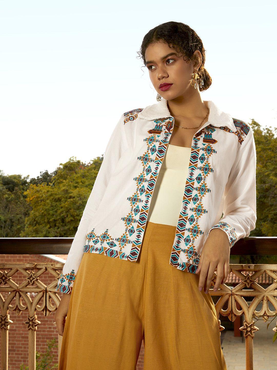 sangria women geometric embroidered open front ethnic jacket