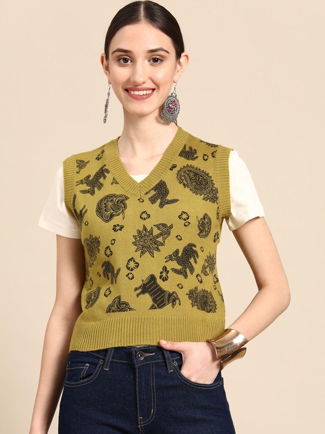 sangria women green & black ethnic motifs sweater vest