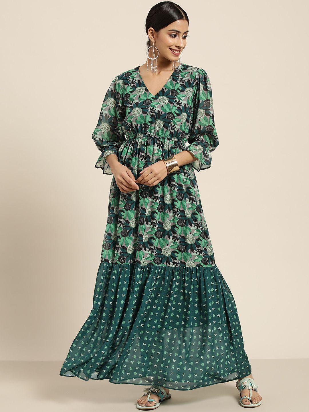 sangria women green & black floral printed ethnic maxi dress