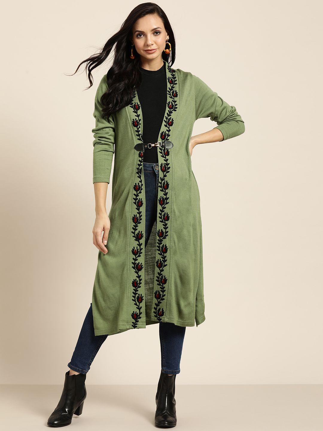 sangria women green & black longline front-open with embroidered detail