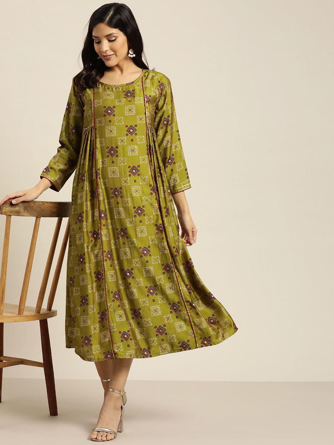 sangria women green & blue printed a-line dress