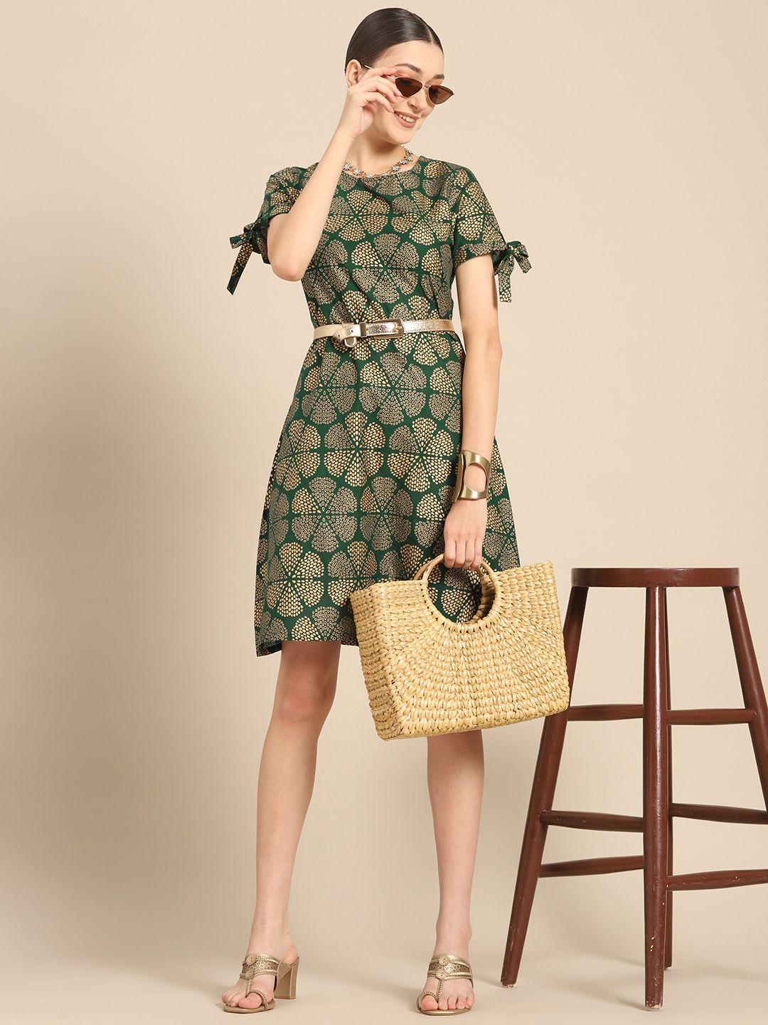sangria women green & golden ethnic motifs printed pure cotton a-line dress