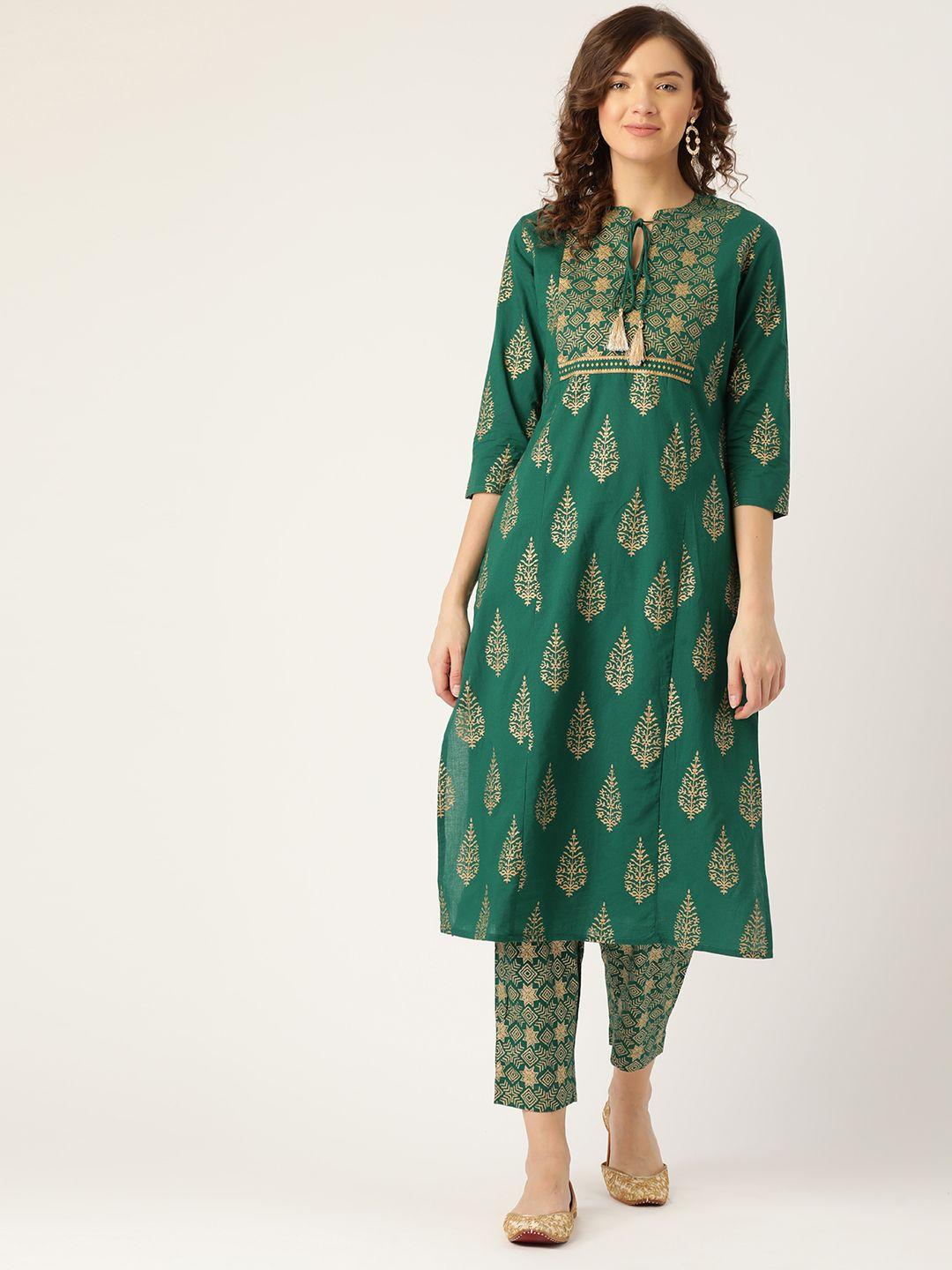 sangria women green & golden ethnic motifs printed pure cotton kurta with trousers