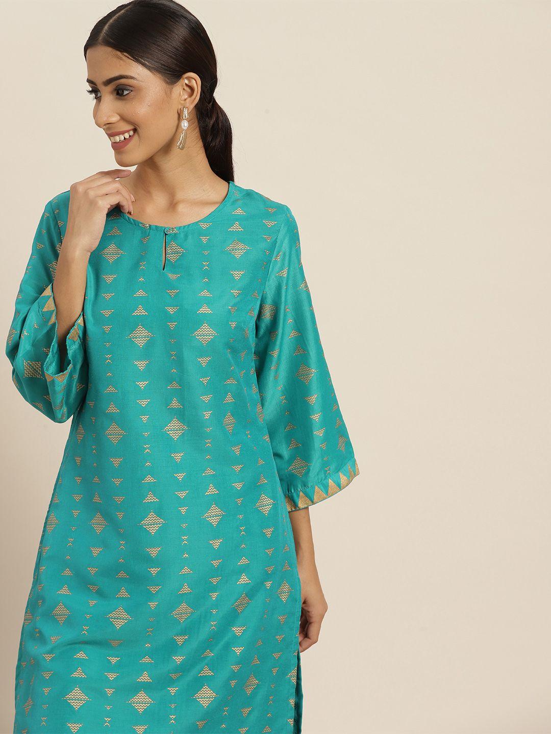 sangria women green & golden ethnic motifs printed regular kurta with salwar