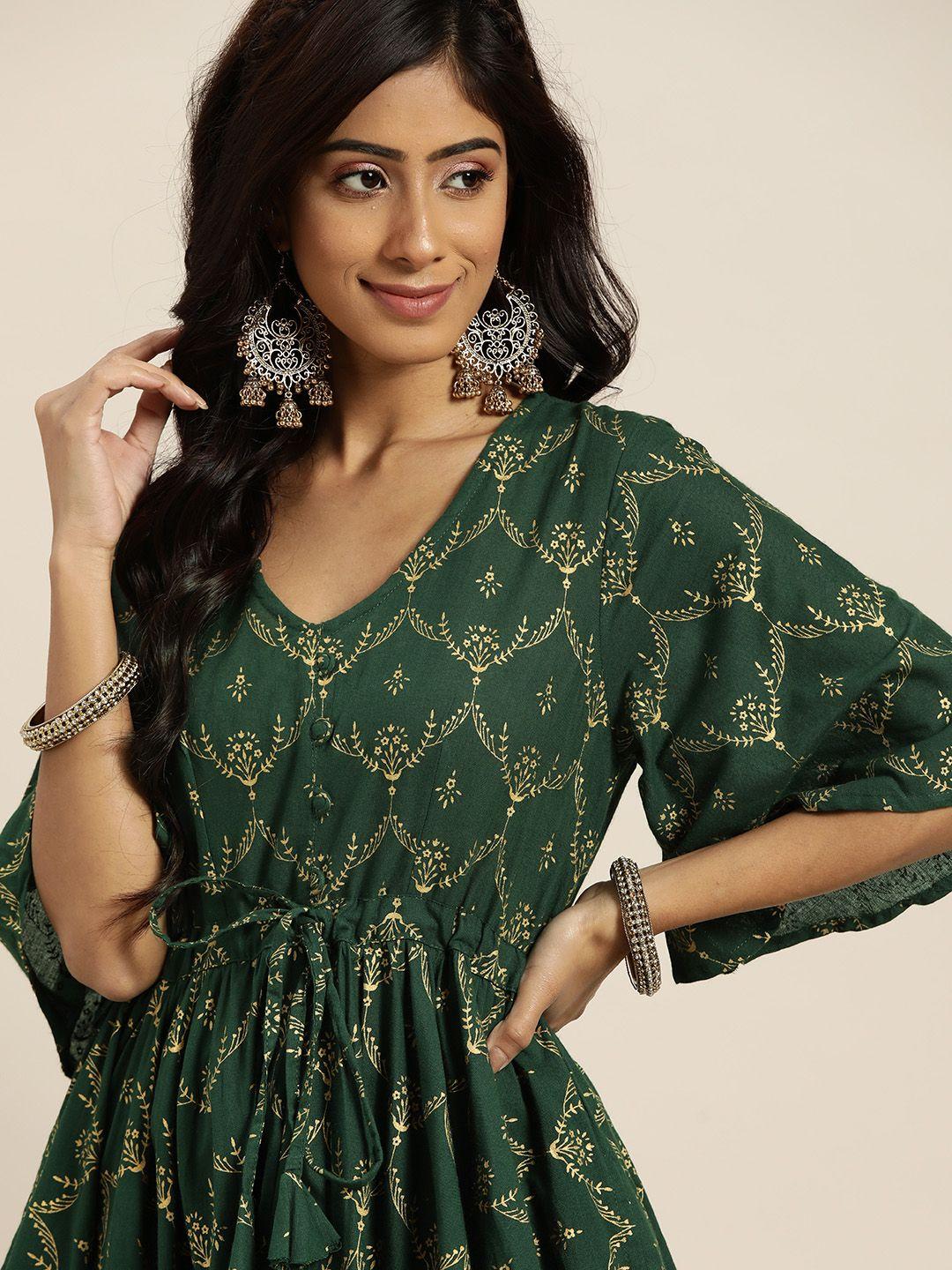 sangria women green & golden motifs print pure cotton anarkali kurta with palazzos