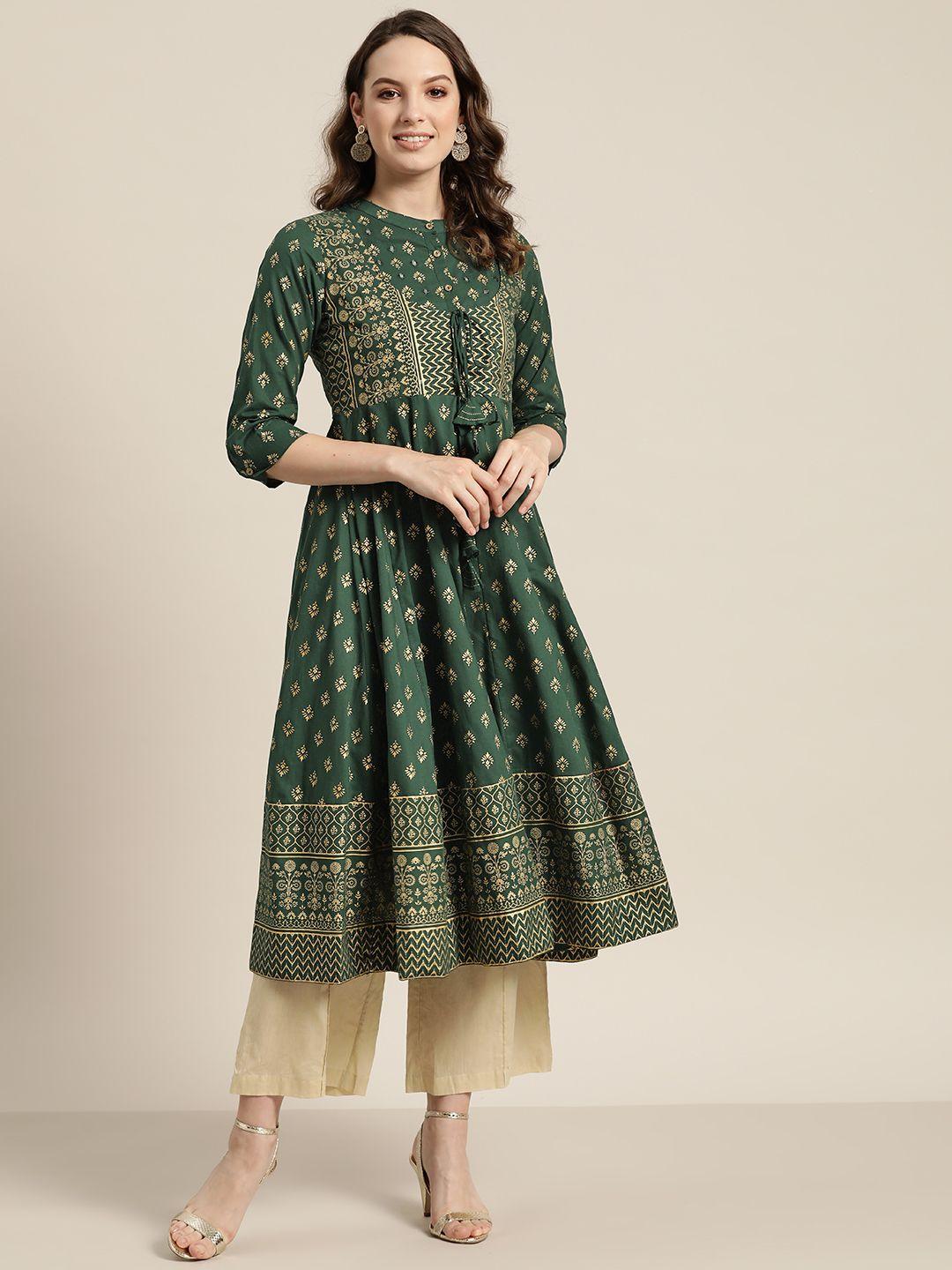 sangria women green & golden printed anarkali kurta