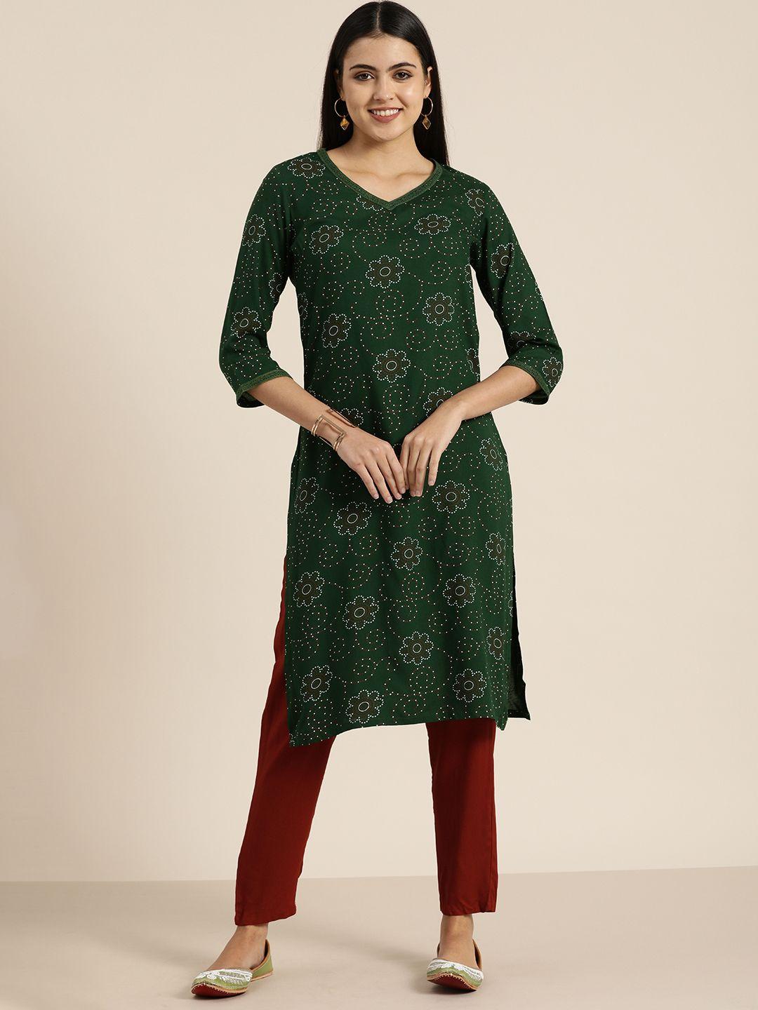 sangria women green & maroon ethnic motifs printed kurta with trousers