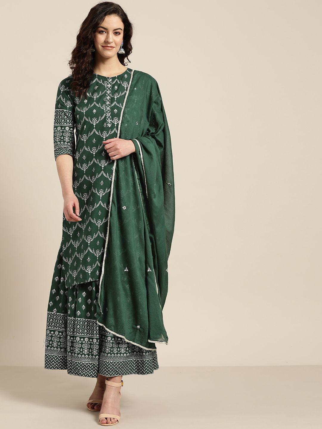 sangria women green & off-white printed kurta with palazzos & dupatta