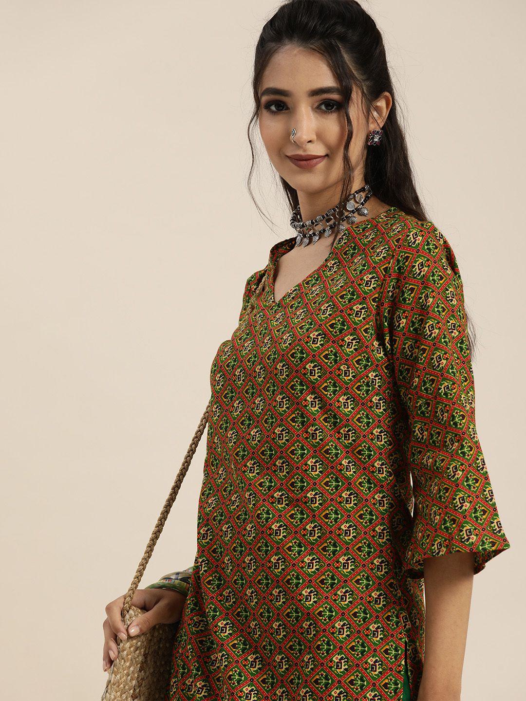 sangria women green & orange bandhani print pure cotton kurta with trousers