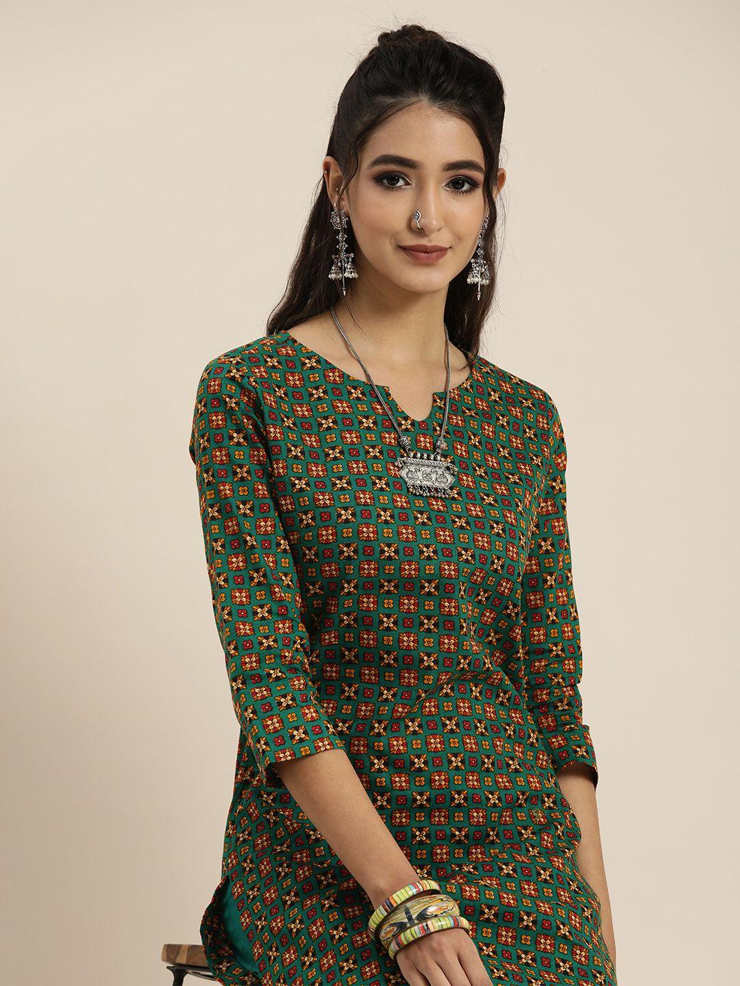 sangria women green & orange bnadhani print pure cotton kurta with trousers