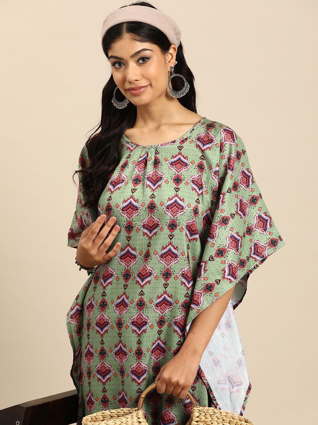 sangria women green & pink ethnic motifs printed flared sleeves kaftan kurta