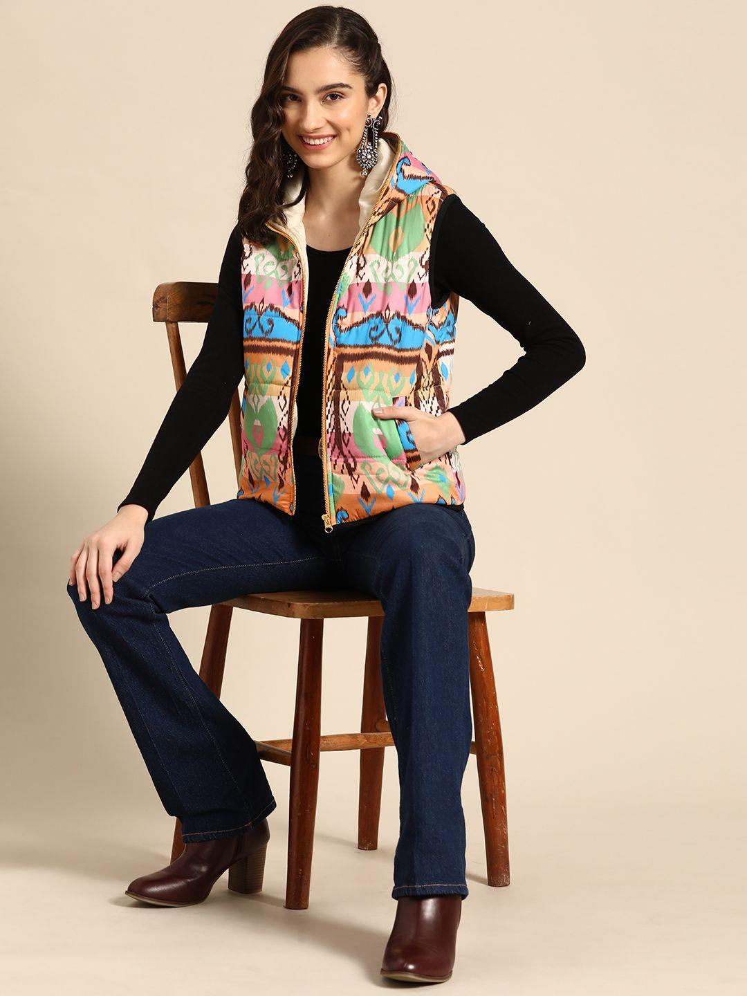 sangria women green & pink ethnic motifs printed padded jacket