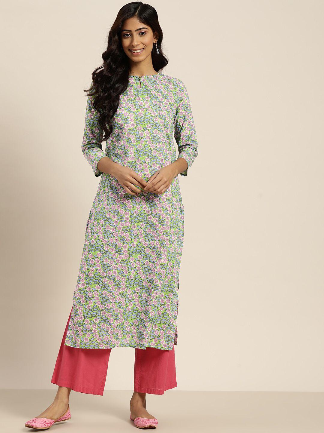 sangria women green & pink floral printed cotton keyhole neck floral kurta