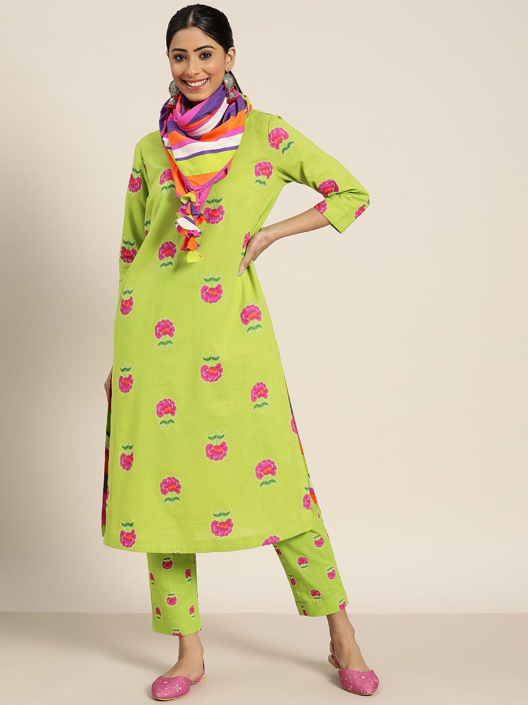 sangria women green & pink floral pure cotton printed kurta with trousers & with dupatta