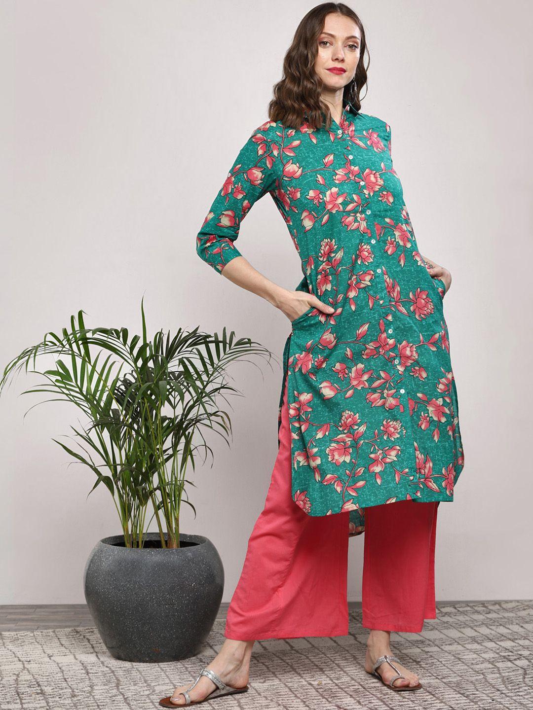 sangria women green & pink printed kurta with palazzos