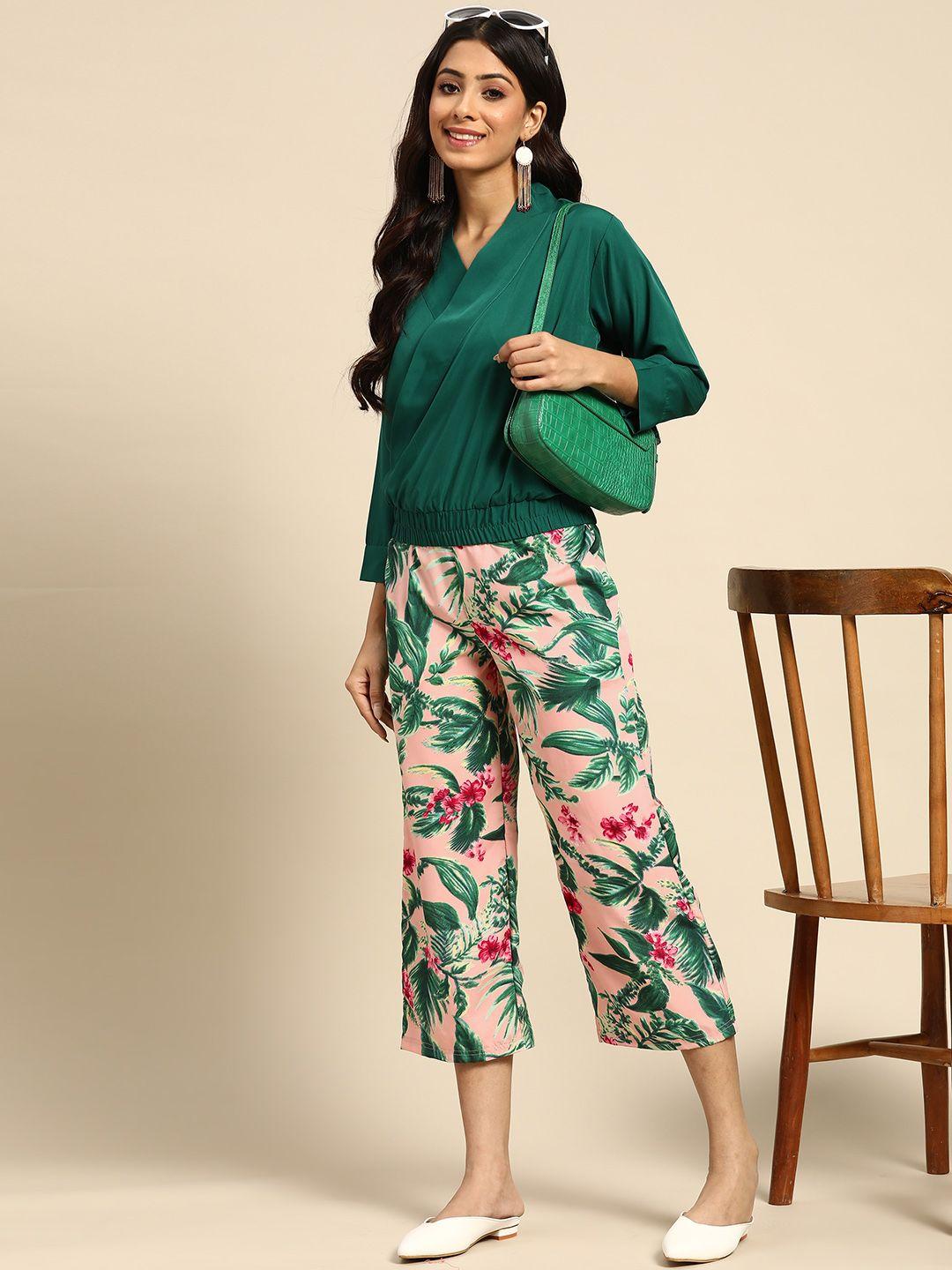 sangria women green & pink top with trousers