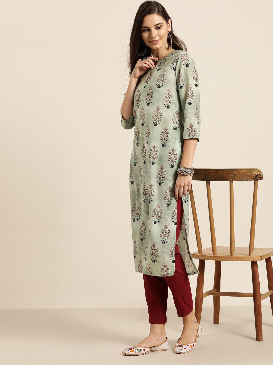 sangria women green & rust red floral print straight kurta