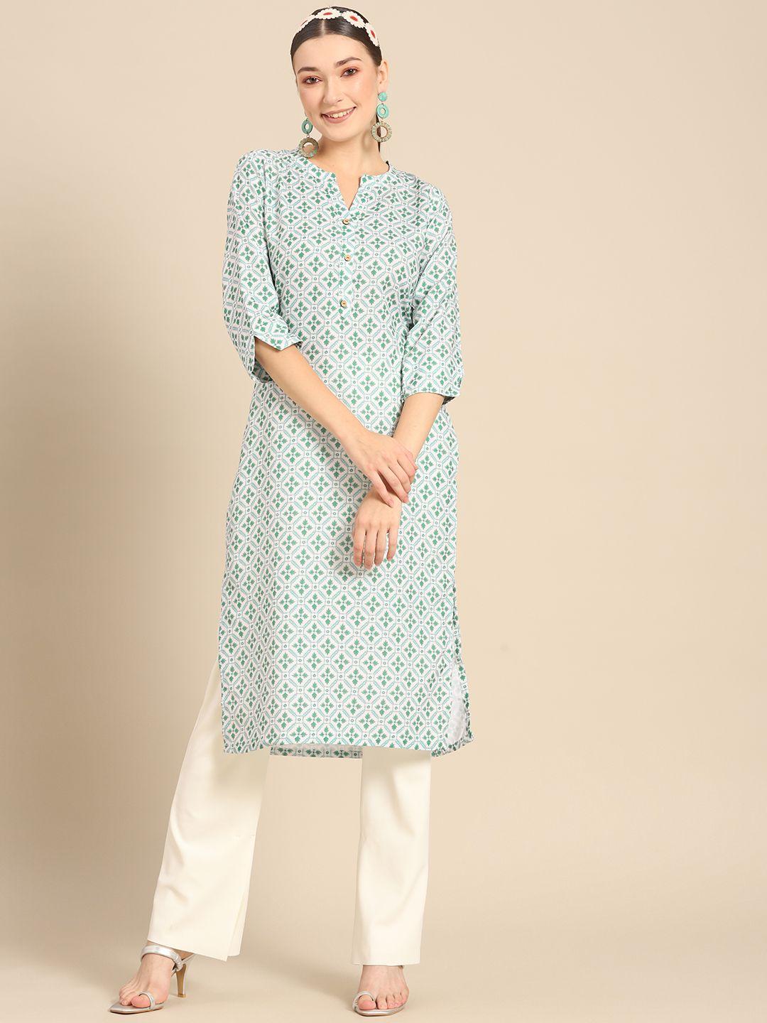 sangria women green & white ethnic motifs printed kurta