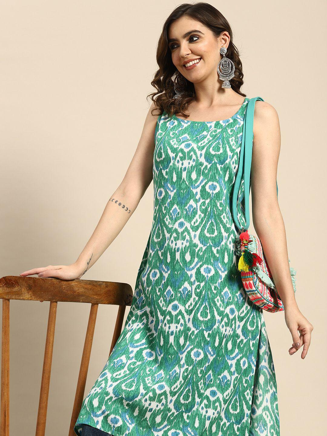 sangria women green & white ethnic motifs printed kurta