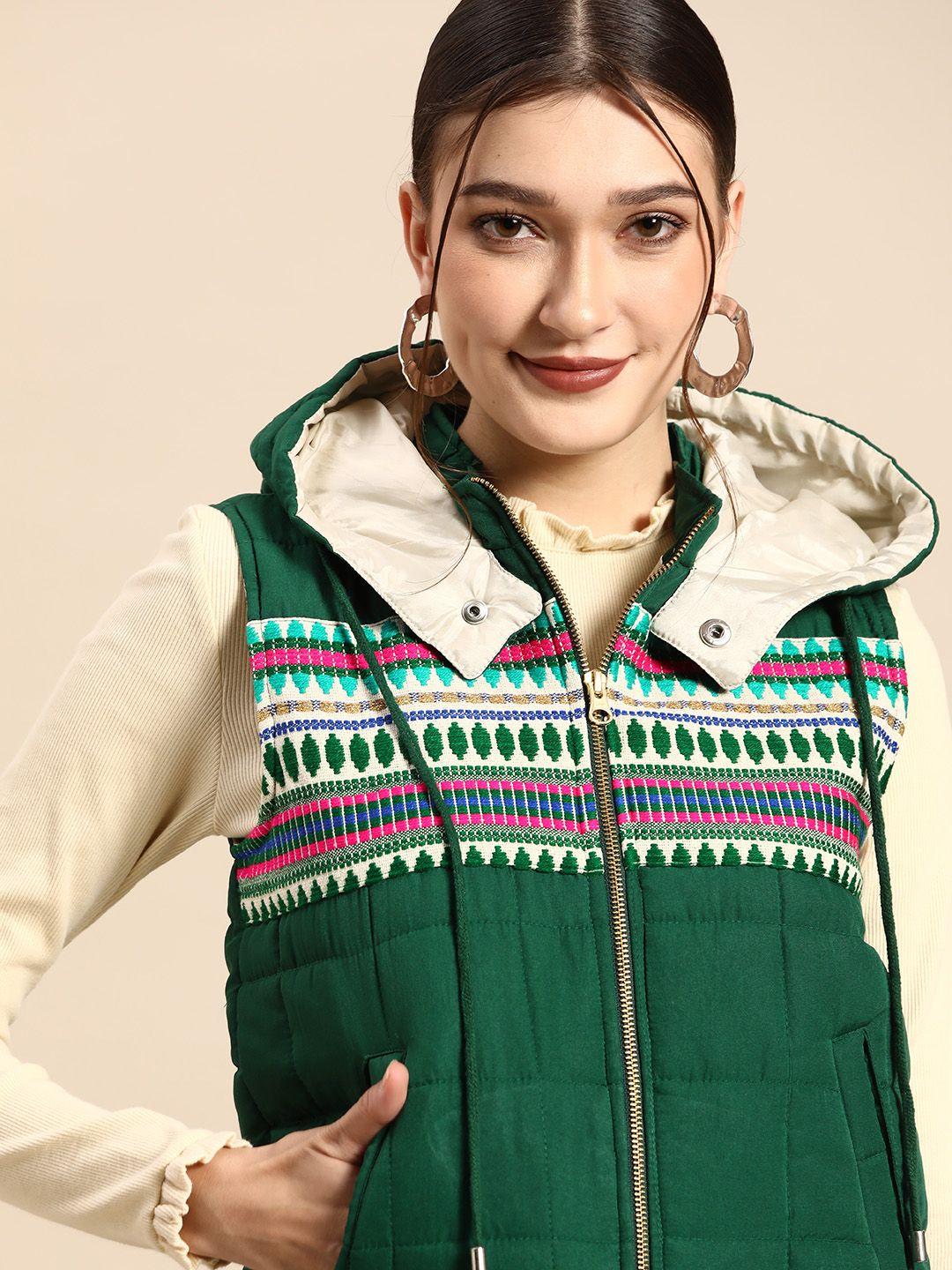 sangria women green & white tailored hooded jacket with embroidered detail