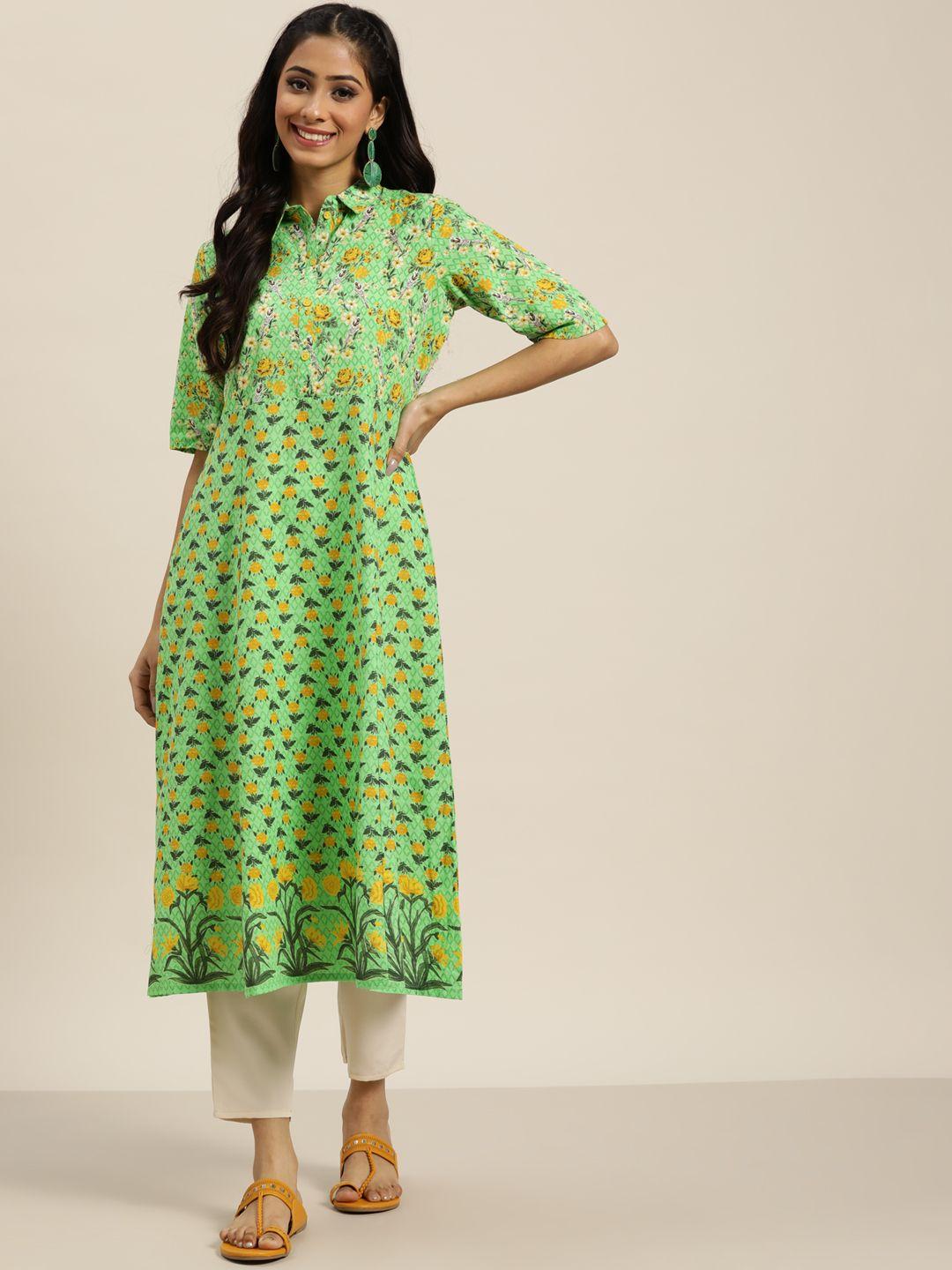 sangria women green & yellow printed floral kurta