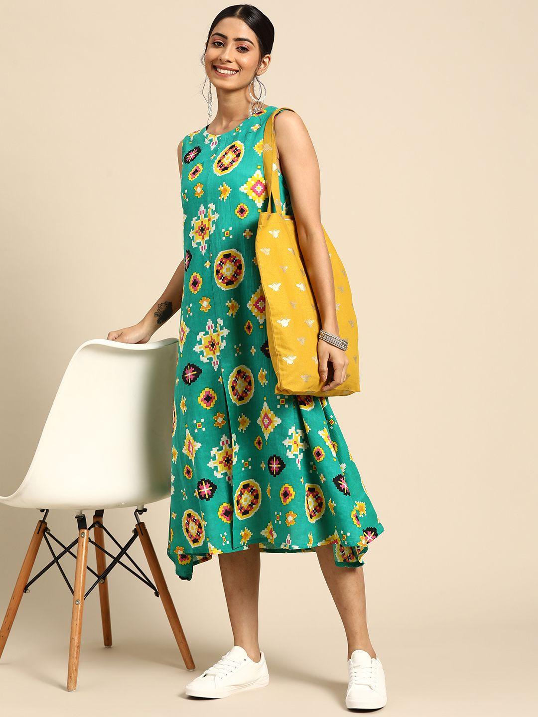 sangria women green & yellow printed pure cotton a-line midi dress