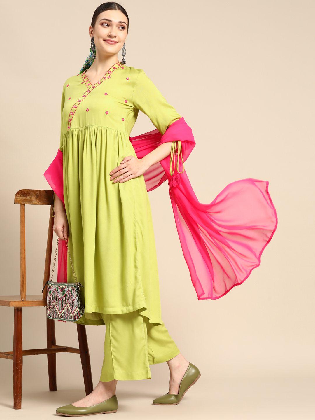 sangria women green ethnic motifs embroidered pleated thread work kurta with palazzos & with dupatta