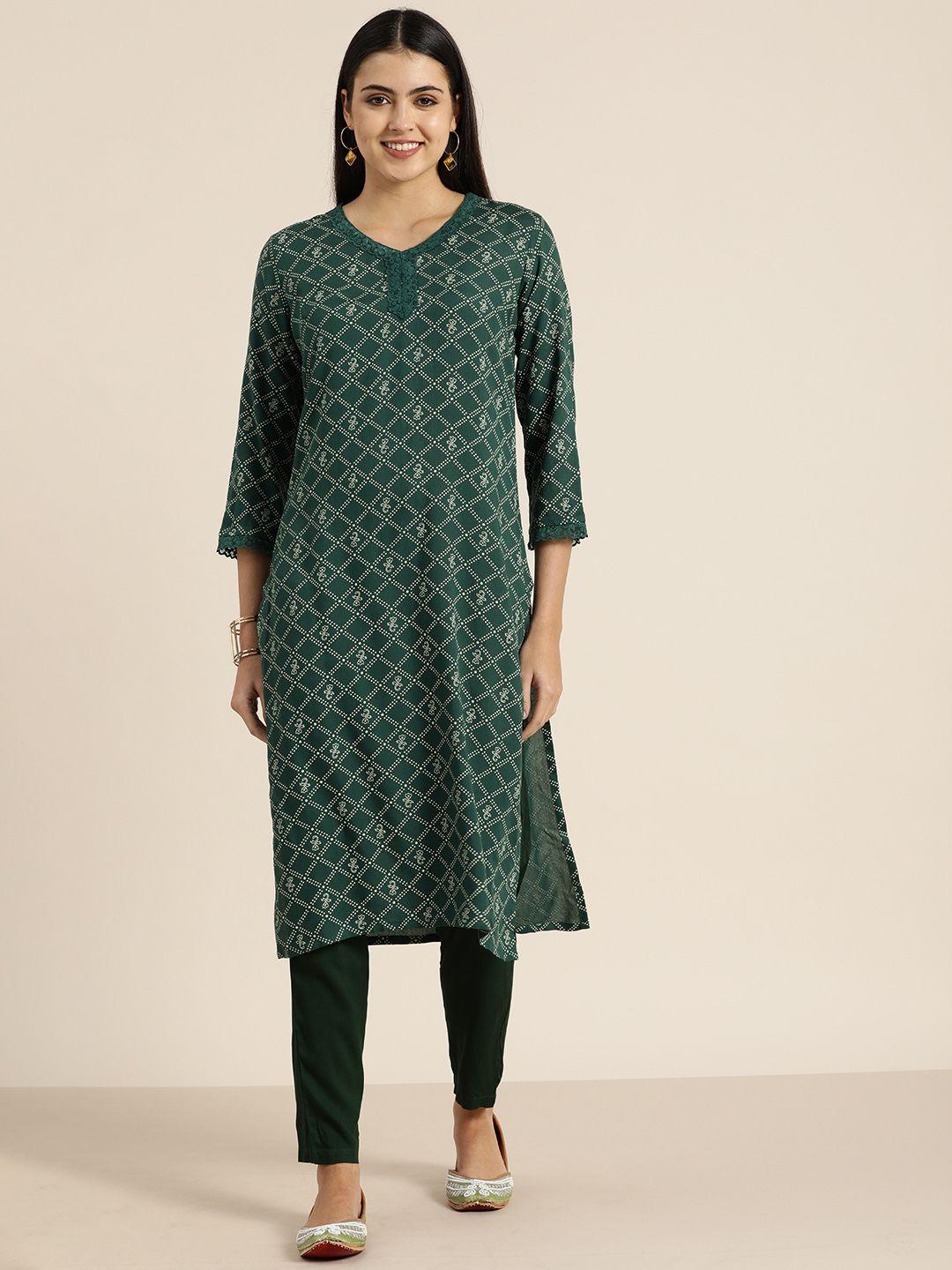 sangria women green ethnic motifs printed kurta with trousers