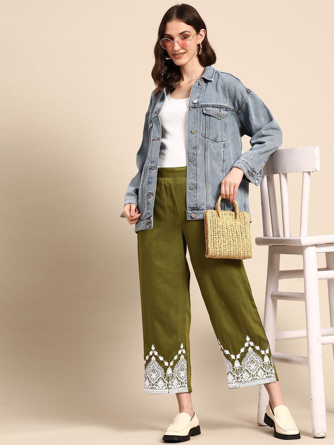 sangria women green ethnic printed trousers