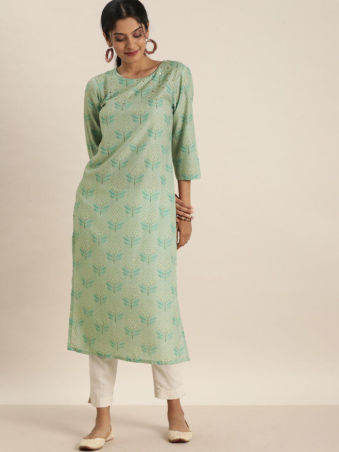 sangria women green floral printed floral kurta with sequence detail