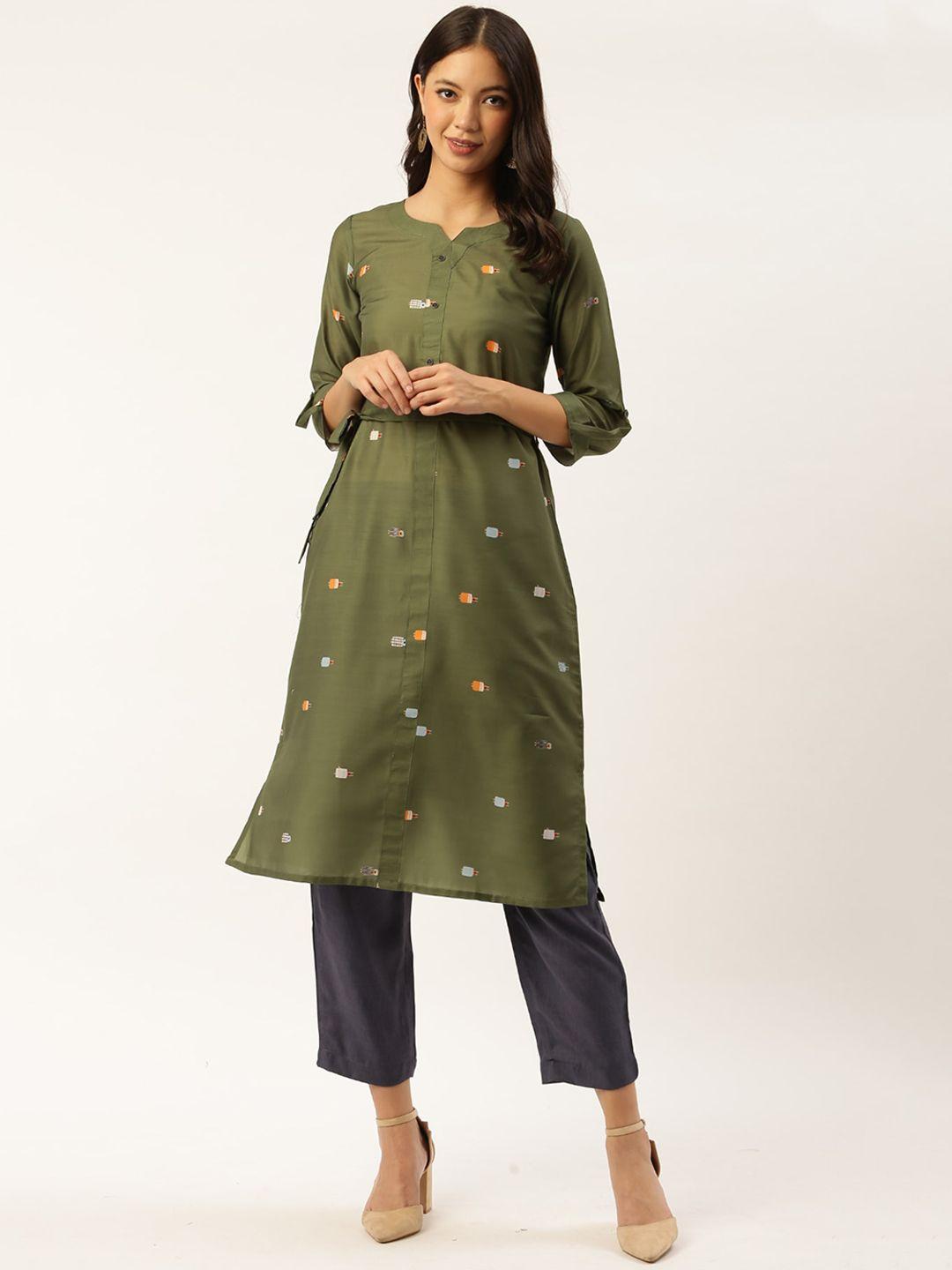 sangria women green geometric printed roll-up sleeves a-line kurta