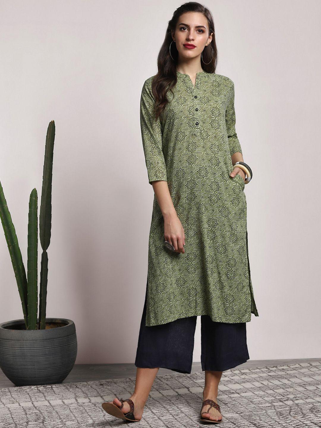 sangria women green printed mandarin collar straight kurta with 3/4th sleeves