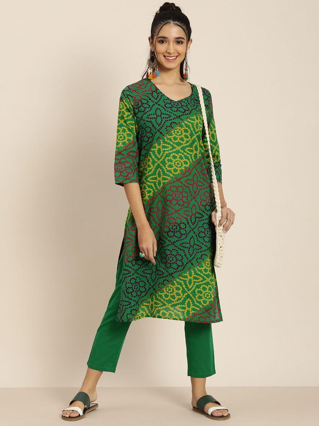 sangria women green pure cotton bandhani printed kurta with trousers
