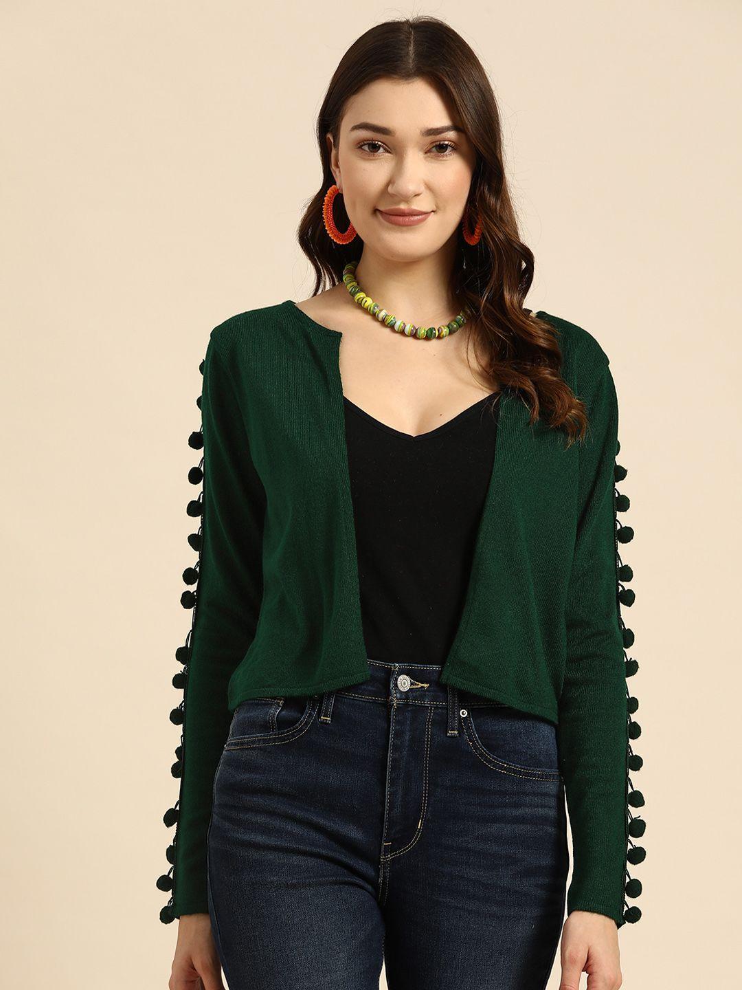 sangria women green solid acrylic front open sweater with pom-pom detail