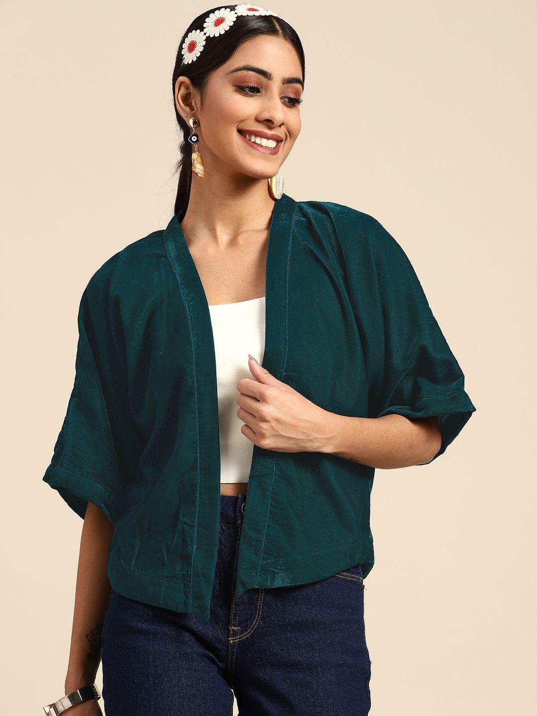 sangria women green solid crop shrug