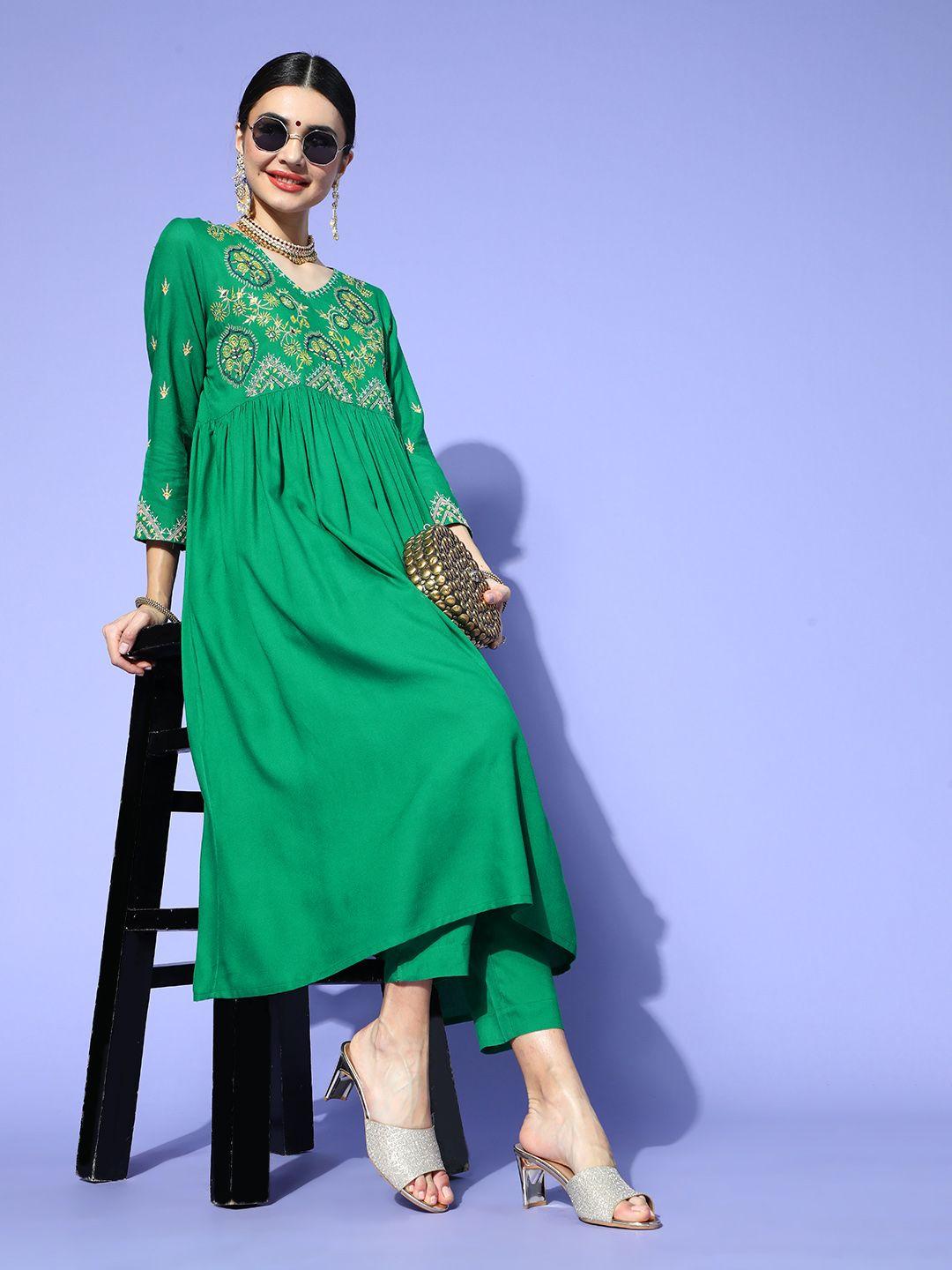 sangria women green yoke design empire kurta with trousers