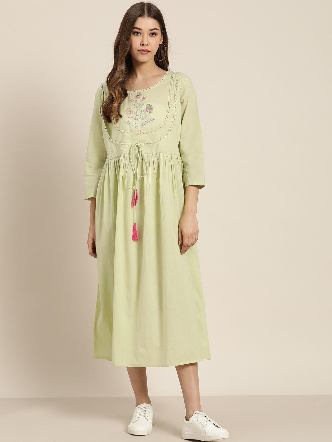 sangria women green yoke embroidered pure cotton a-line dress