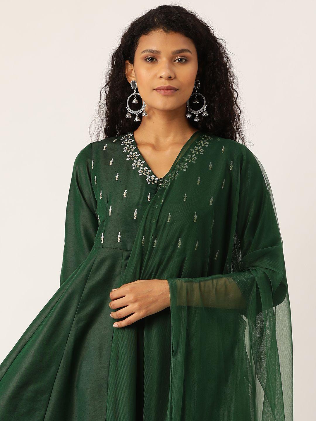 sangria women green zari embroidered anarkali kurta palazzo dupatta set