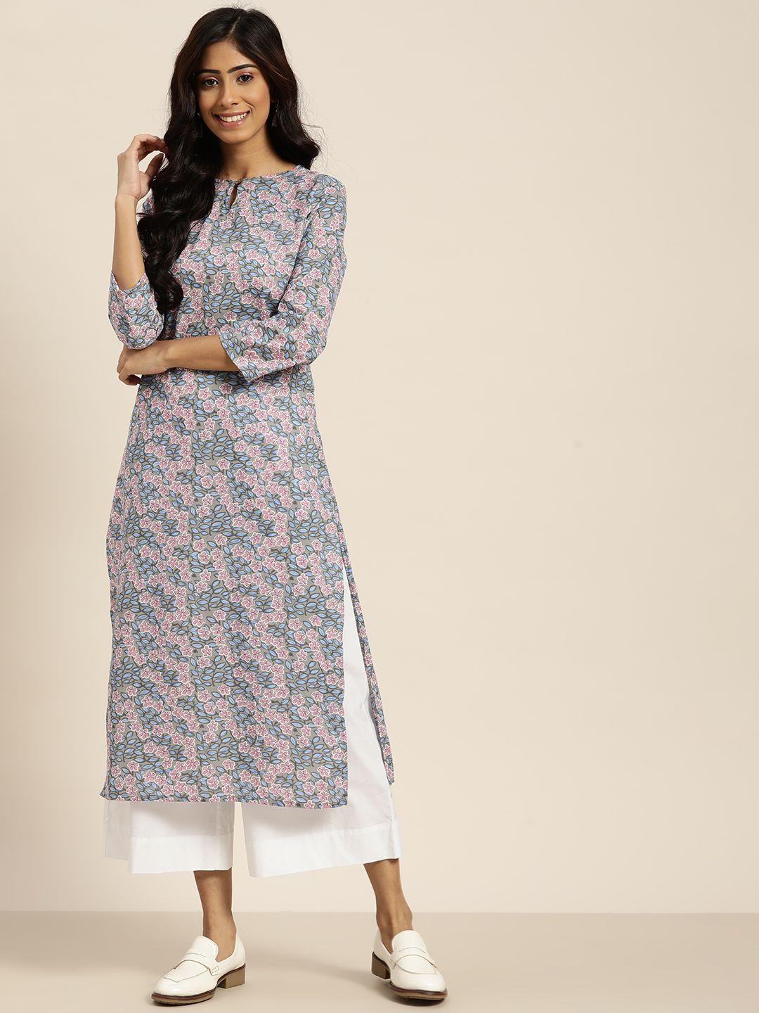 sangria women grey & blue floral printed cotton keyhole neck floral kurta