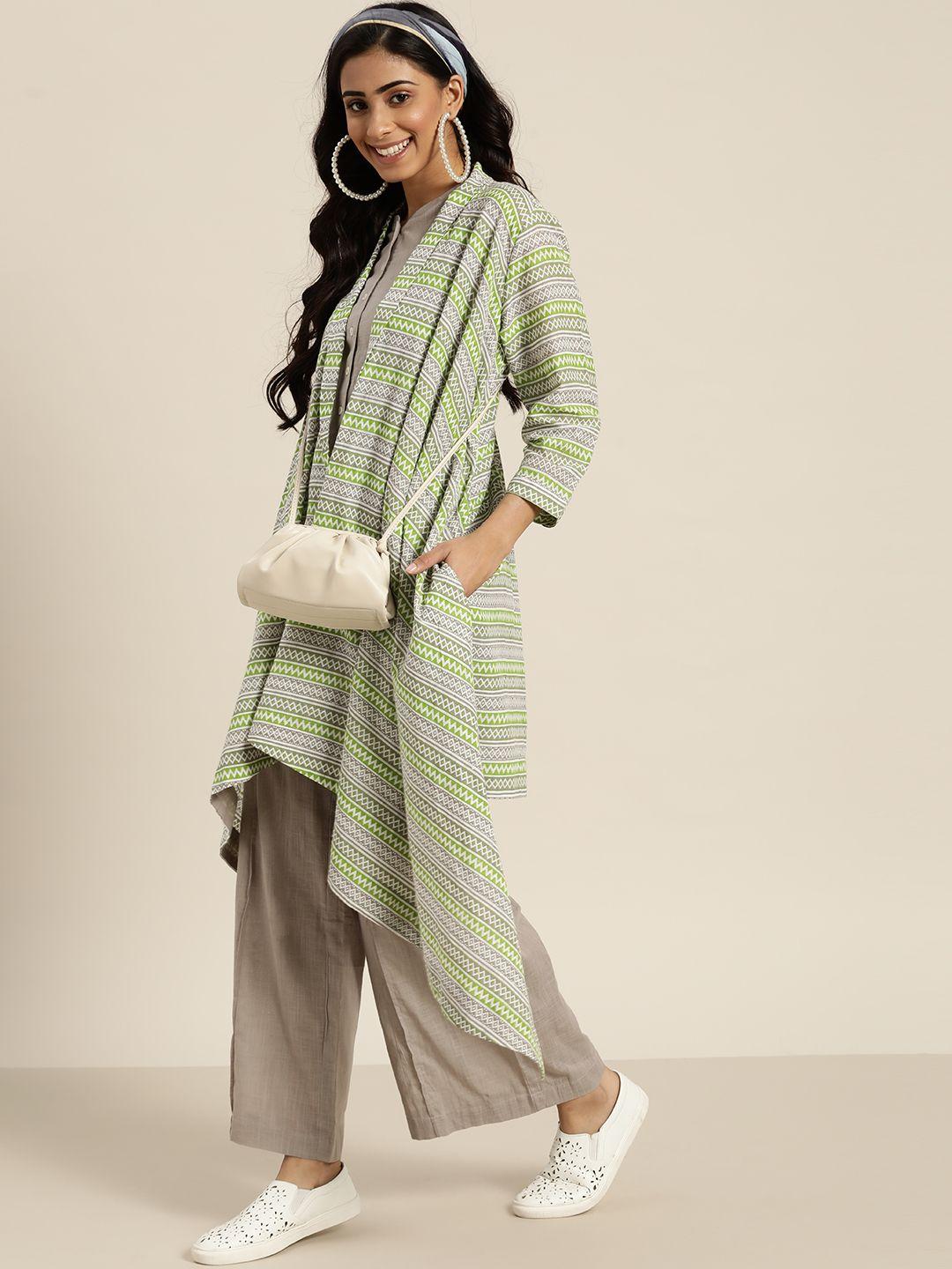 sangria women grey & green solid clothing set with shrug