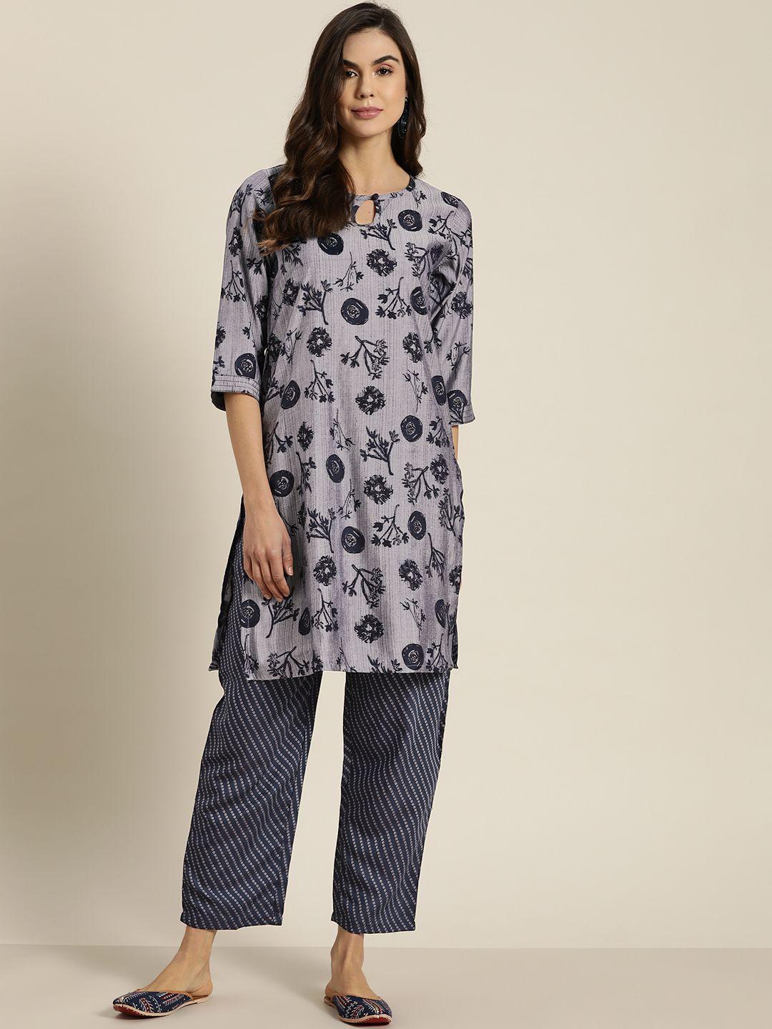 sangria women grey & navy blue printed kurta with trousers