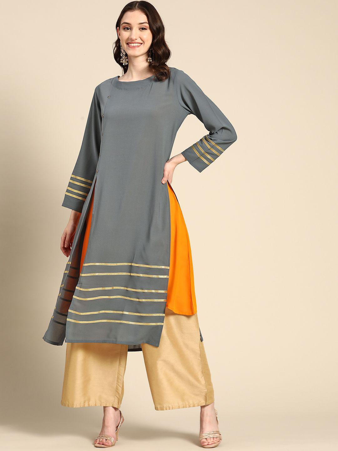 sangria women grey & orange kurta with slip