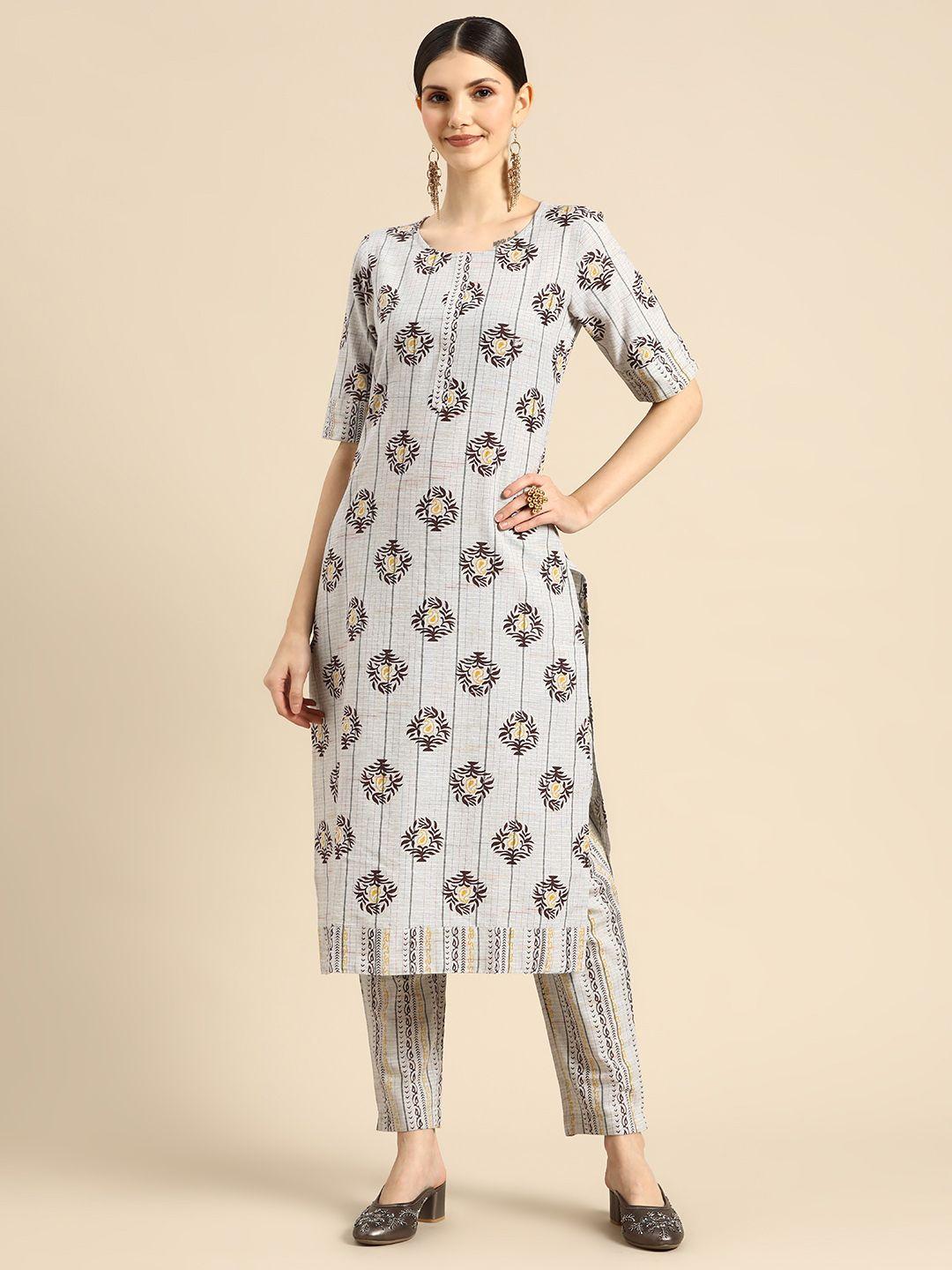 sangria women grey ethnic motifs printed kurta with trousers