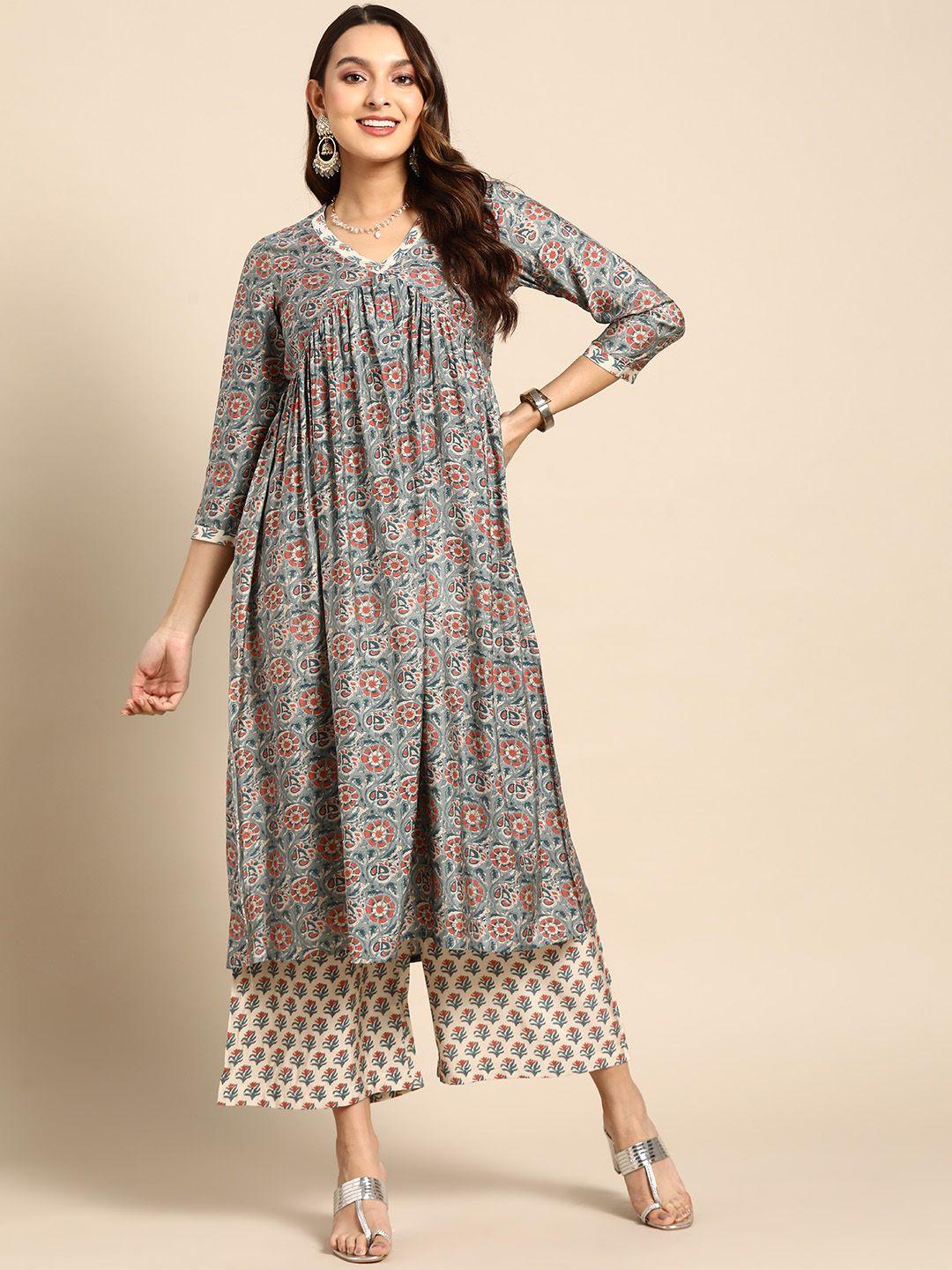 sangria women grey floral printed empire kurta with trousers