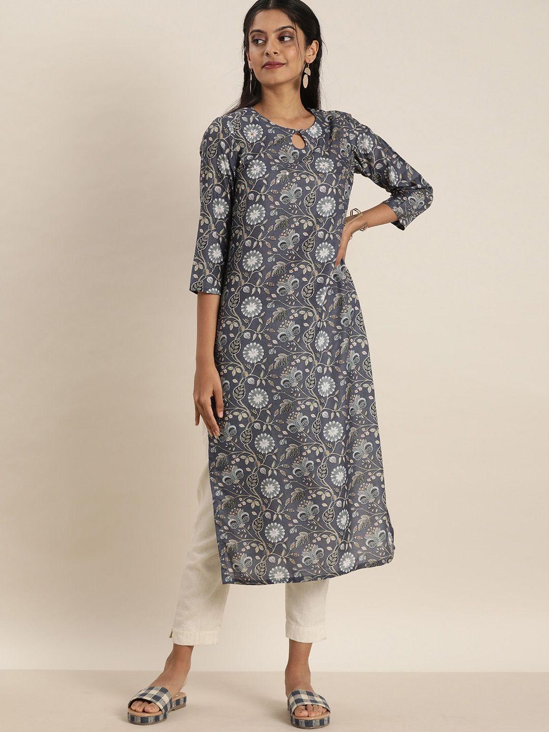 sangria women grey floral printed keyhole neck kurta