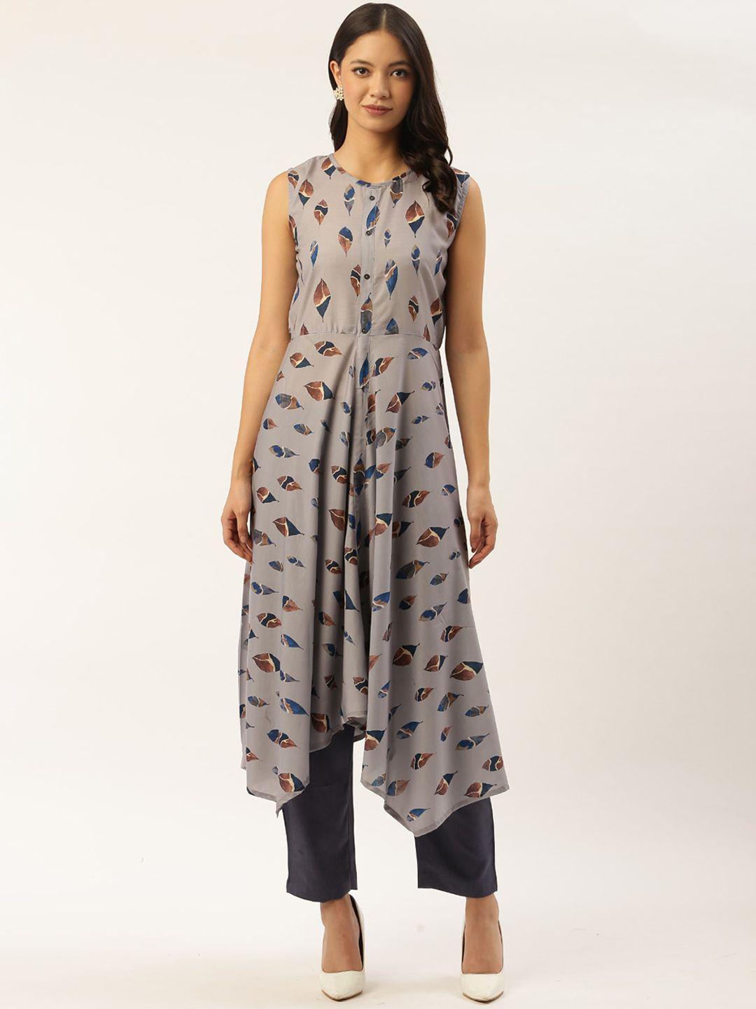 sangria women grey geometric printed kurta