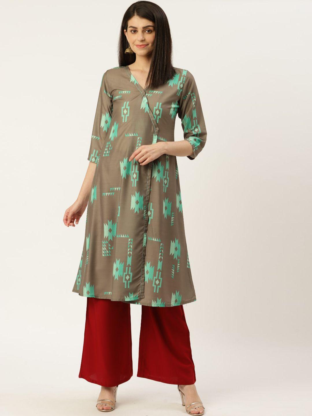 sangria women grey printed thread work kurta