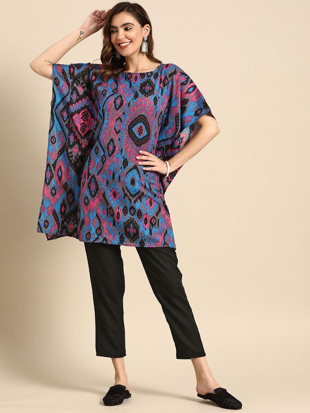 sangria women ikat printed kaftan kurta with trousers