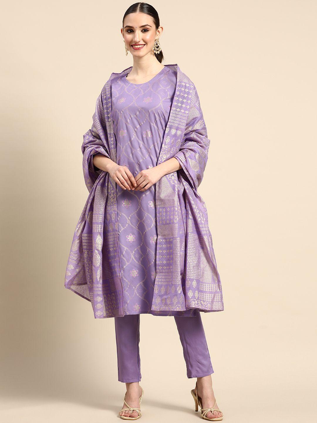 sangria women lavender ethnic motifs printed kurta with trousers & with dupatta