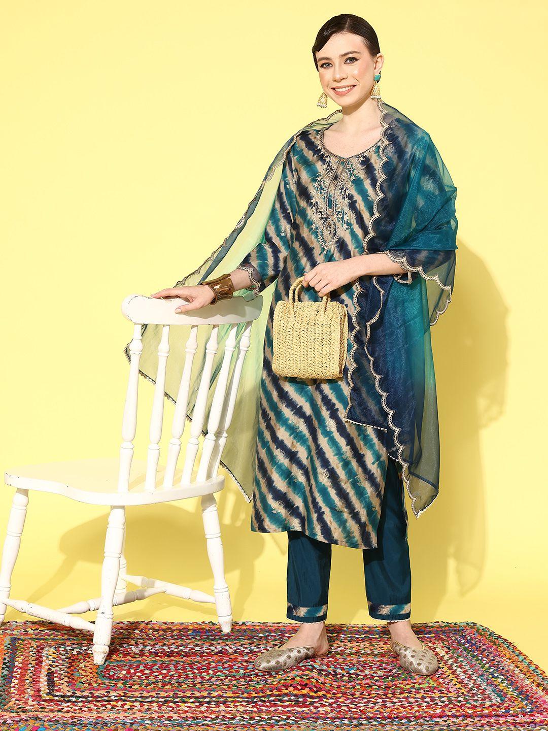 sangria women leheriya printed regular sequinned kurta with trousers & with dupatta